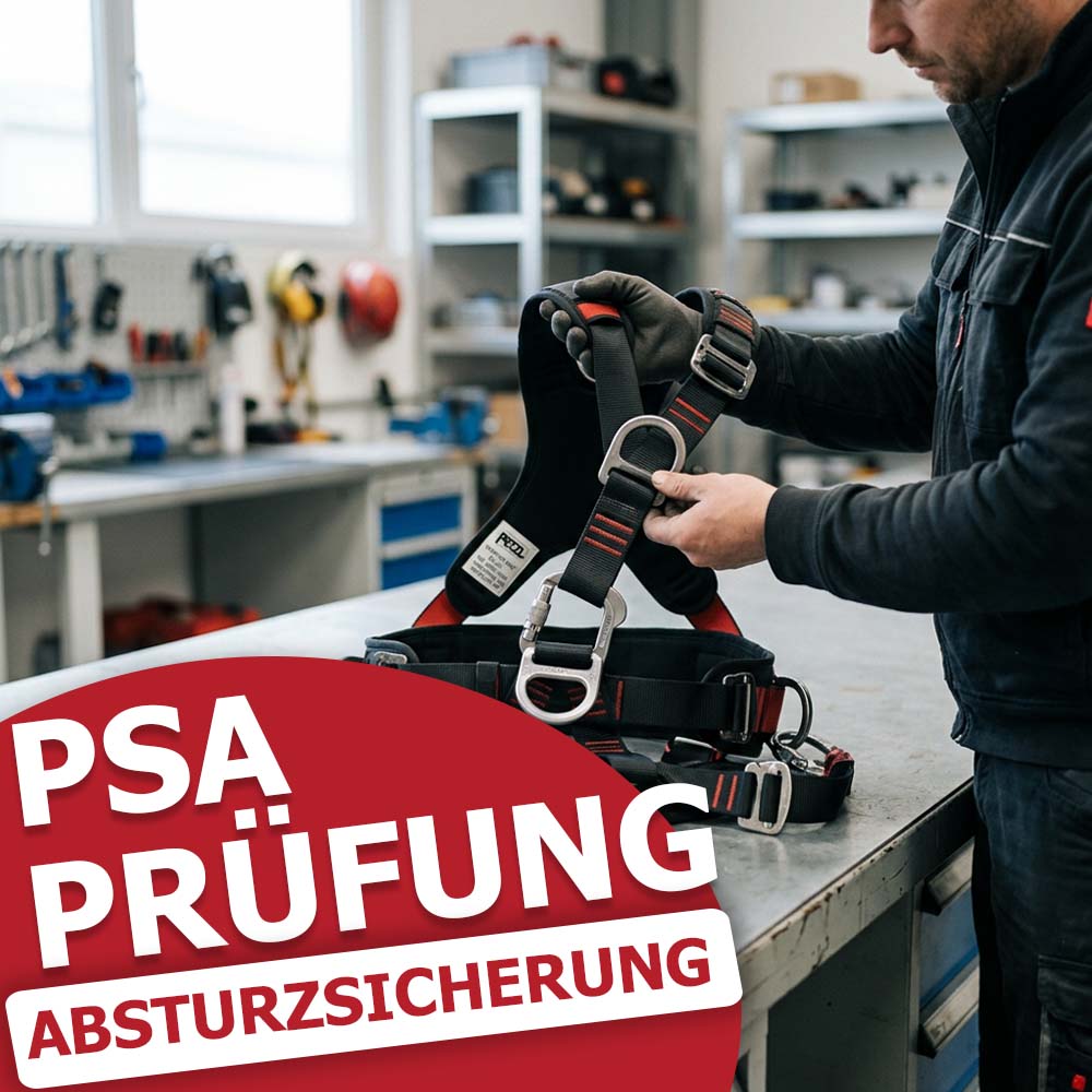 PSA-Prüfung: Mitarbeiter kontrolliert einen Auffanggurt zur Absturzsicherung